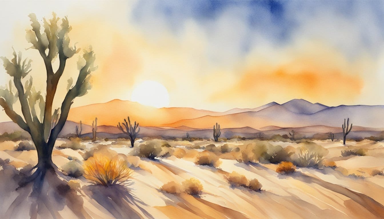 A barren desert landscape with shimmering heat waves rising from the ground, a blazing sun beating down on the parched earth