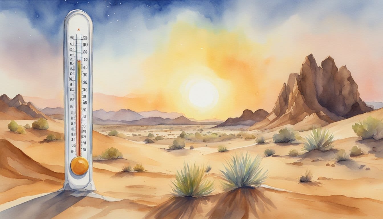 The sun beats down on a barren desert landscape, with shimmering heat waves rising from the scorched earth.</p><p>A thermometer reads an extreme temperature, indicating the hottest place on earth