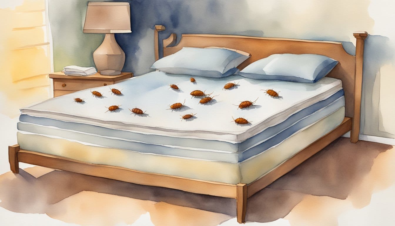 Bed bugs infesting a mattress, hiding in seams and crevices, while eggs are visible on the bed frame and nearby furniture