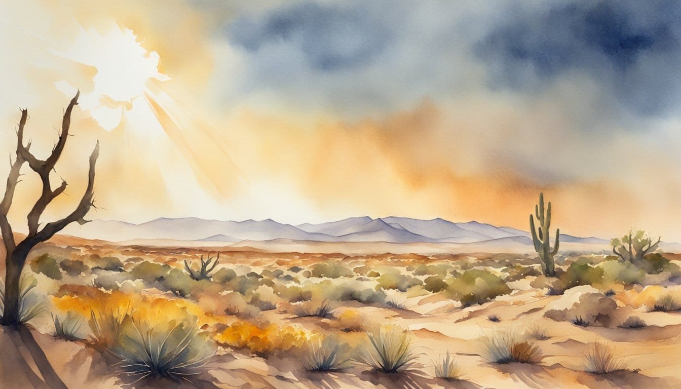 A scorching sun beats down on a cracked desert landscape, with shimmering heatwaves rising from the ground.</p><p>Sparse vegetation struggles to survive in the extreme heat