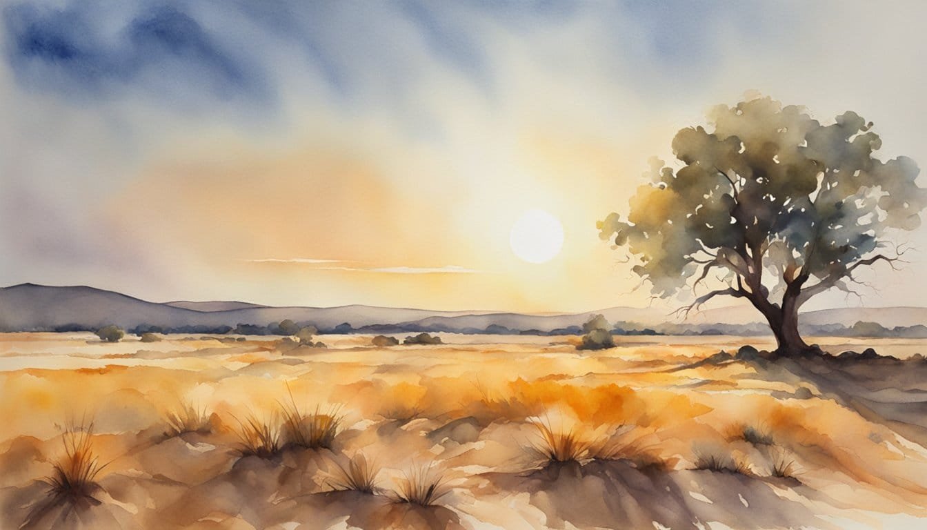 The sun beats down on a parched landscape, shimmering heat waves rising from the ground.</p><p>The air is thick and heavy, and the horizon seems to waver in the intense heat