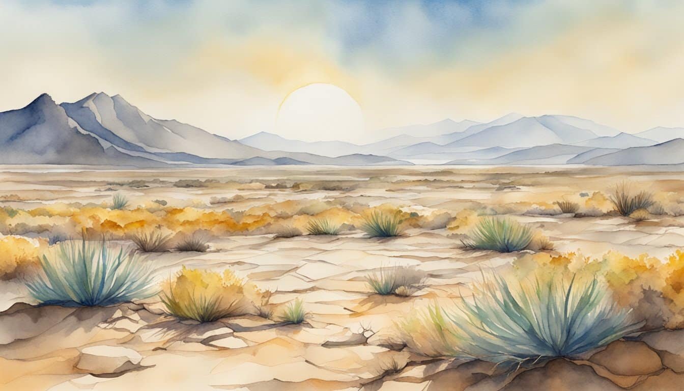 A dry, barren landscape with cracked earth and wilting plants, under a scorching sun