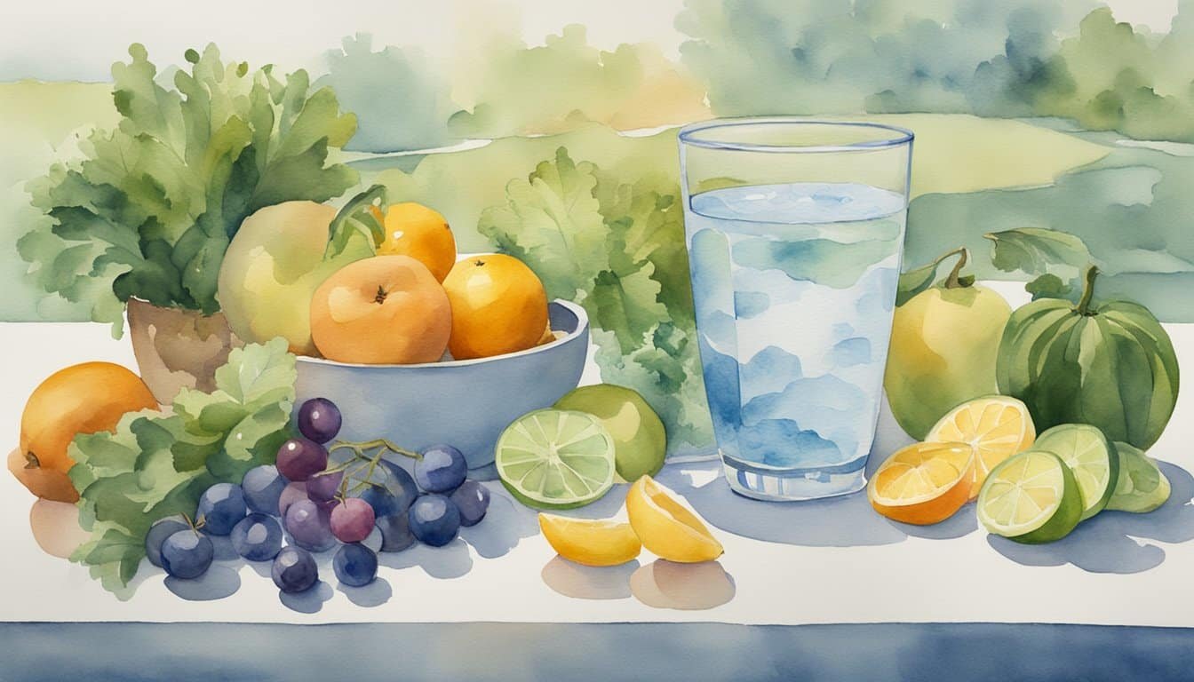 A clear glass of water sits on a table, surrounded by various fruits and vegetables.</p><p>A body of water, such as a river or lake, is shown in the background