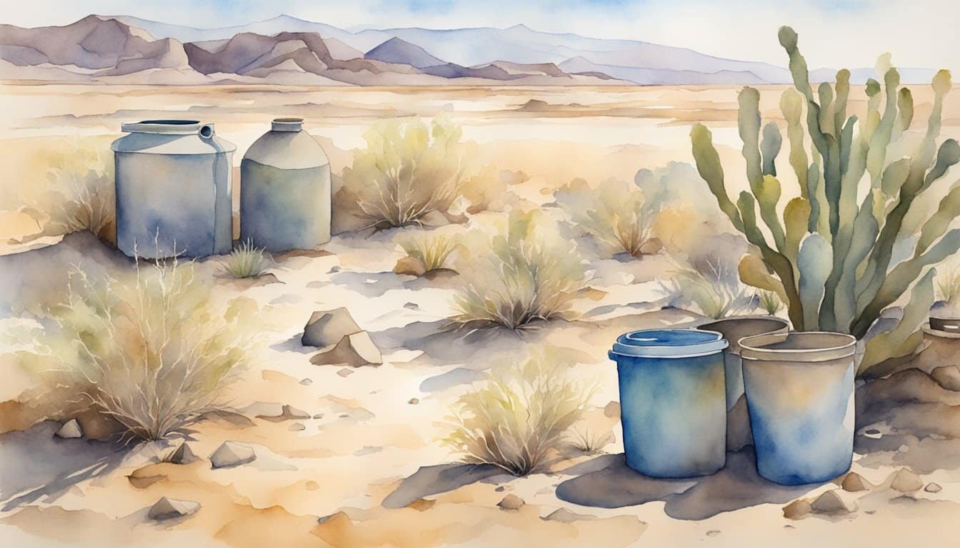 A dry, cracked desert landscape with a wilted plant and empty water containers