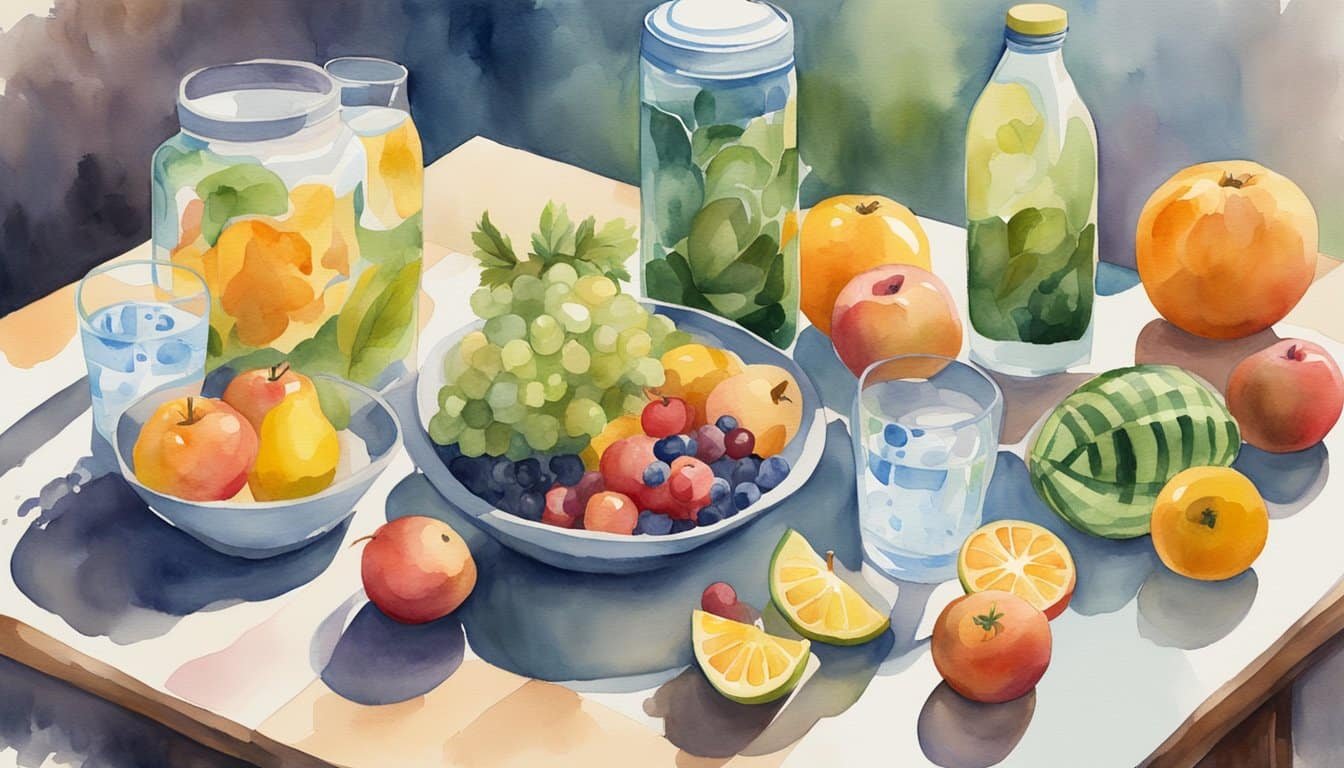 A vibrant array of fruits, vegetables, and water-rich foods surround a water bottle and a glass of water.</p><p>A person is engaged in physical activity, with a water bottle nearby