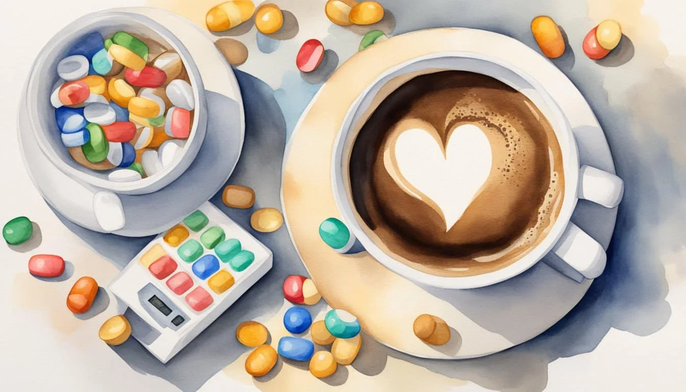 A coffee cup overflowing with pills, an alarmed heart rate monitor, and a warning sign with "dangerous caffeine levels" in bold letters