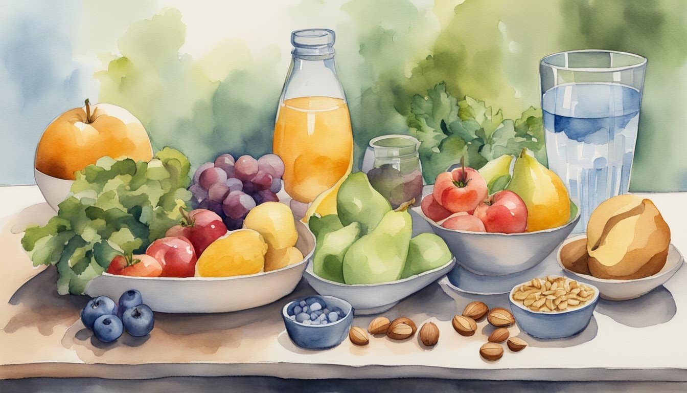 A table filled with colorful fruits, vegetables, lean proteins, and whole grains.</p><p>A glass of water and a plate of nuts are also present