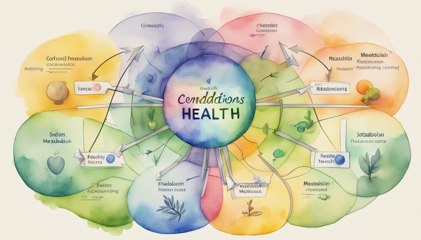 A colorful diagram showing the relationship between health conditions and metabolism, with arrows pointing towards ways to increase metabolism