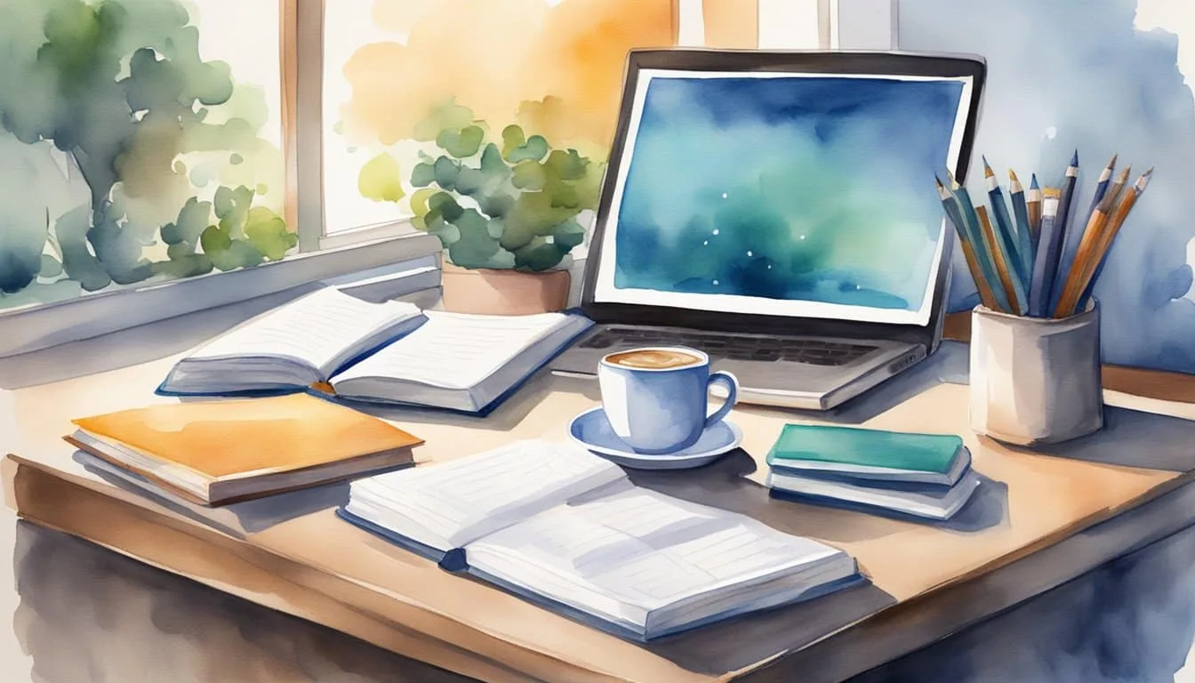 A desk with open textbooks, notebooks, and a calendar. A laptop displaying a study schedule. A cup of coffee and a clock on the wall