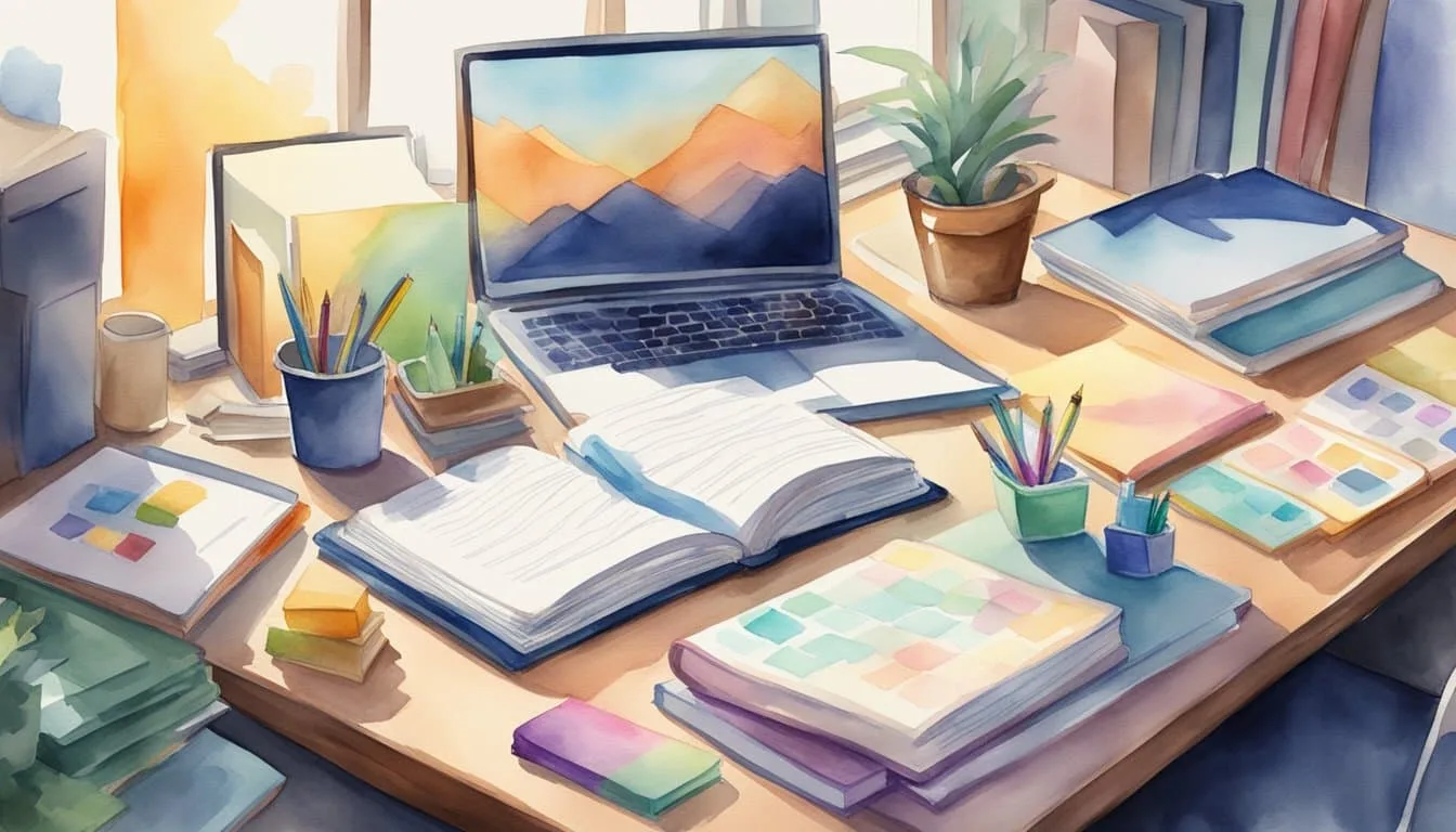 Books, notebooks, highlighters, and flashcards scattered on a desk. A laptop open to a study guide. A quiet room with a focused atmosphere