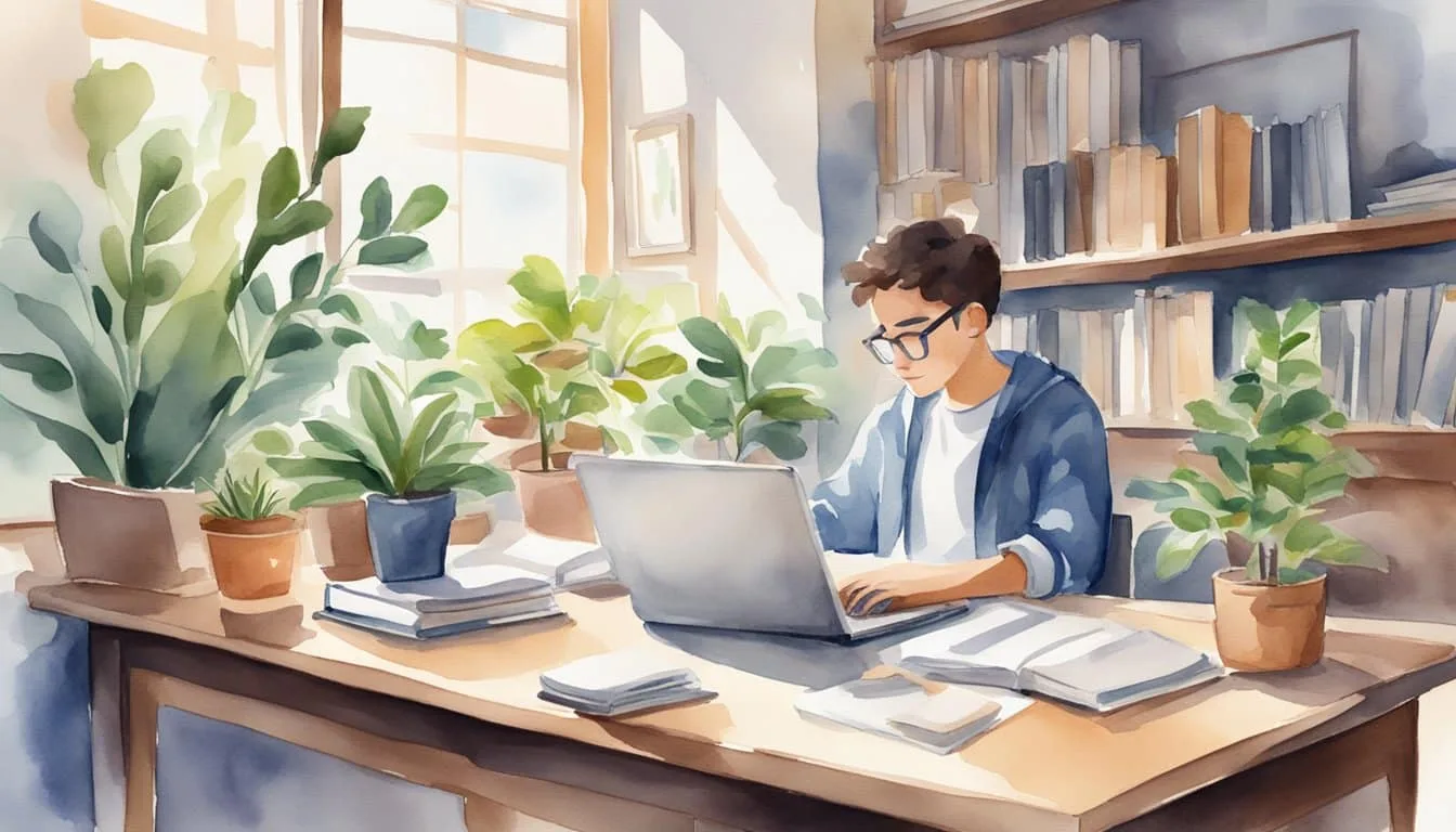 A desk with open textbooks, notes, and a laptop. A calm environment with natural lighting and plants. A focused student sitting and studying diligently