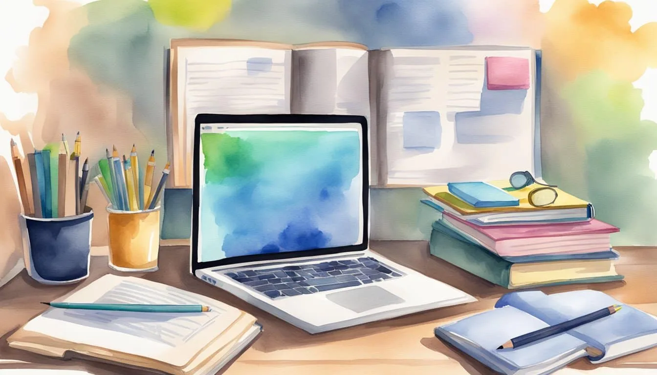 A desk with open textbooks, notes, and highlighters. A laptop displaying study materials. A clock on the wall