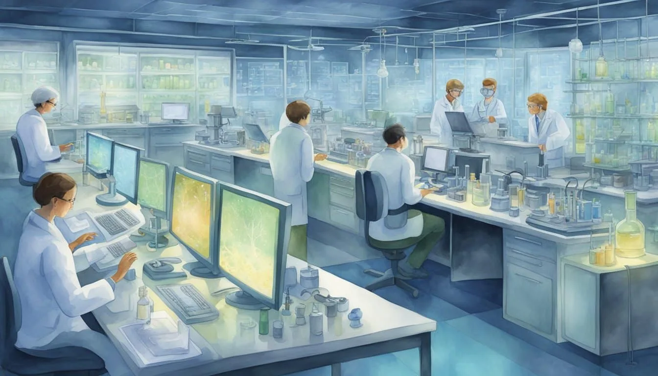 Scientists study human microbes with advanced technology in a lab setting, surrounded by microscopes, petri dishes, and computer screens displaying genetic data