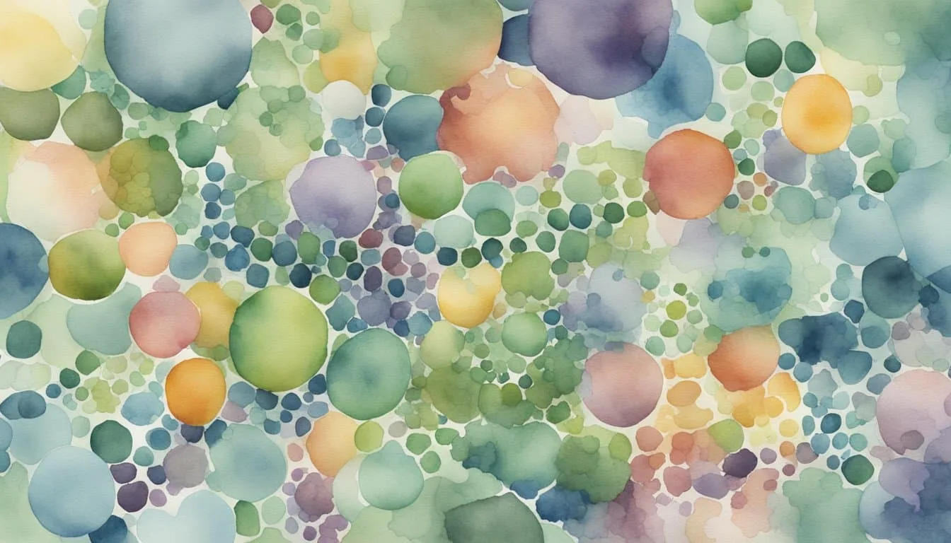 A diverse group of microbes interacting in a complex, interconnected network, representing the societal and ethical considerations of human microbial communities