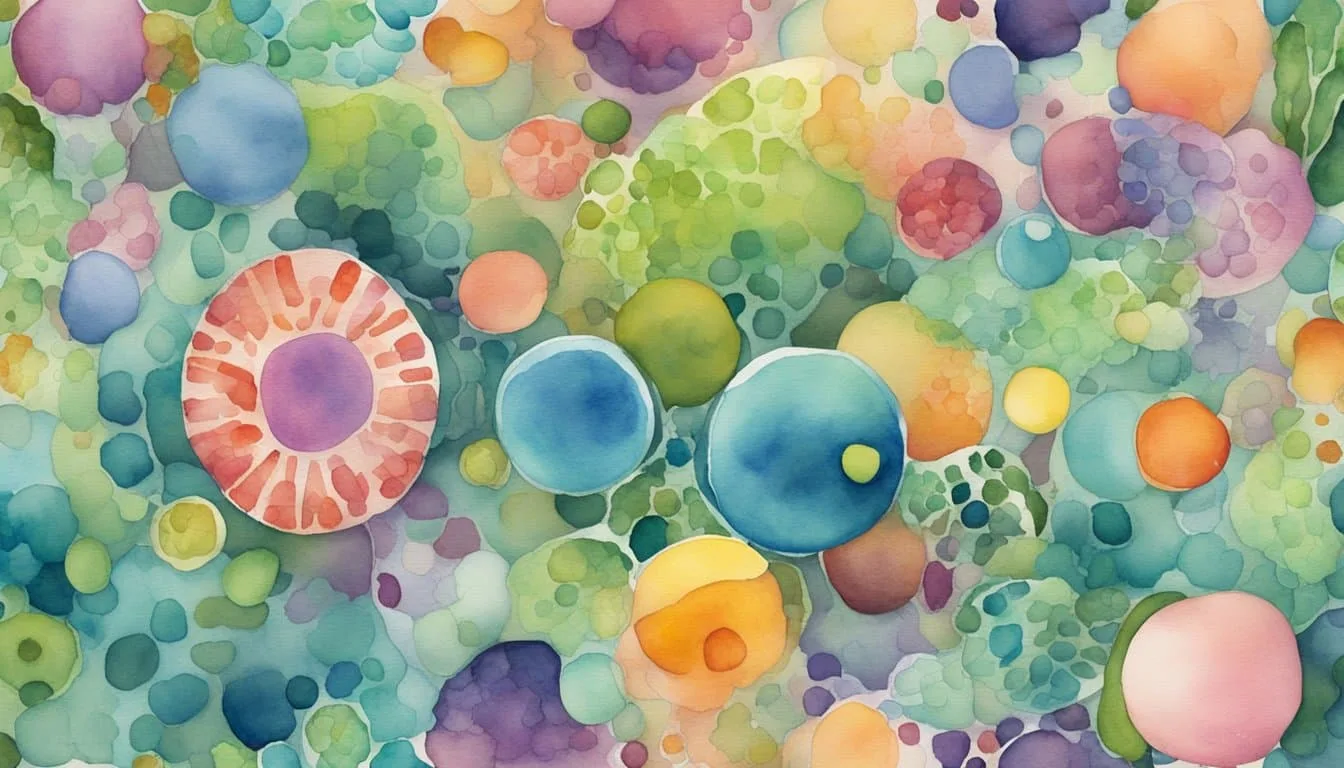 A bustling microbial community thrives in a colorful, nutrient-rich environment. Microbes of various shapes and sizes interact and multiply in a vibrant, dynamic setting