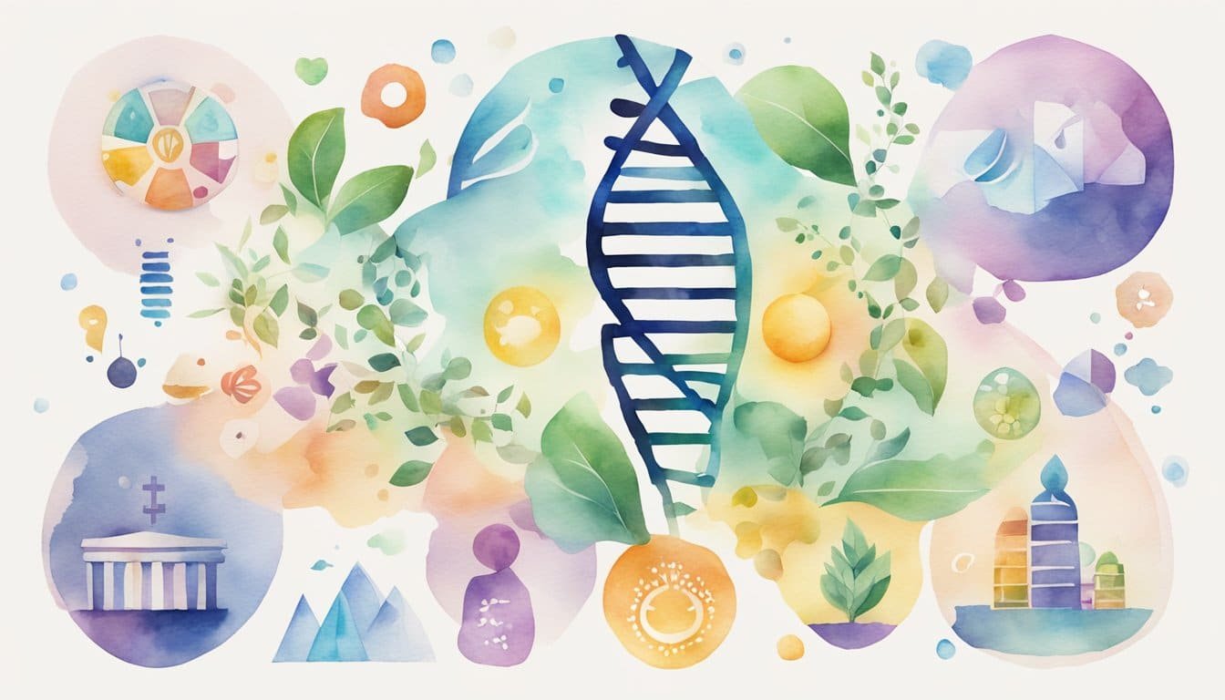 A DNA strand with the words "Health Insights from 23andMe" hovering above it, surrounded by various health-related icons and symbols