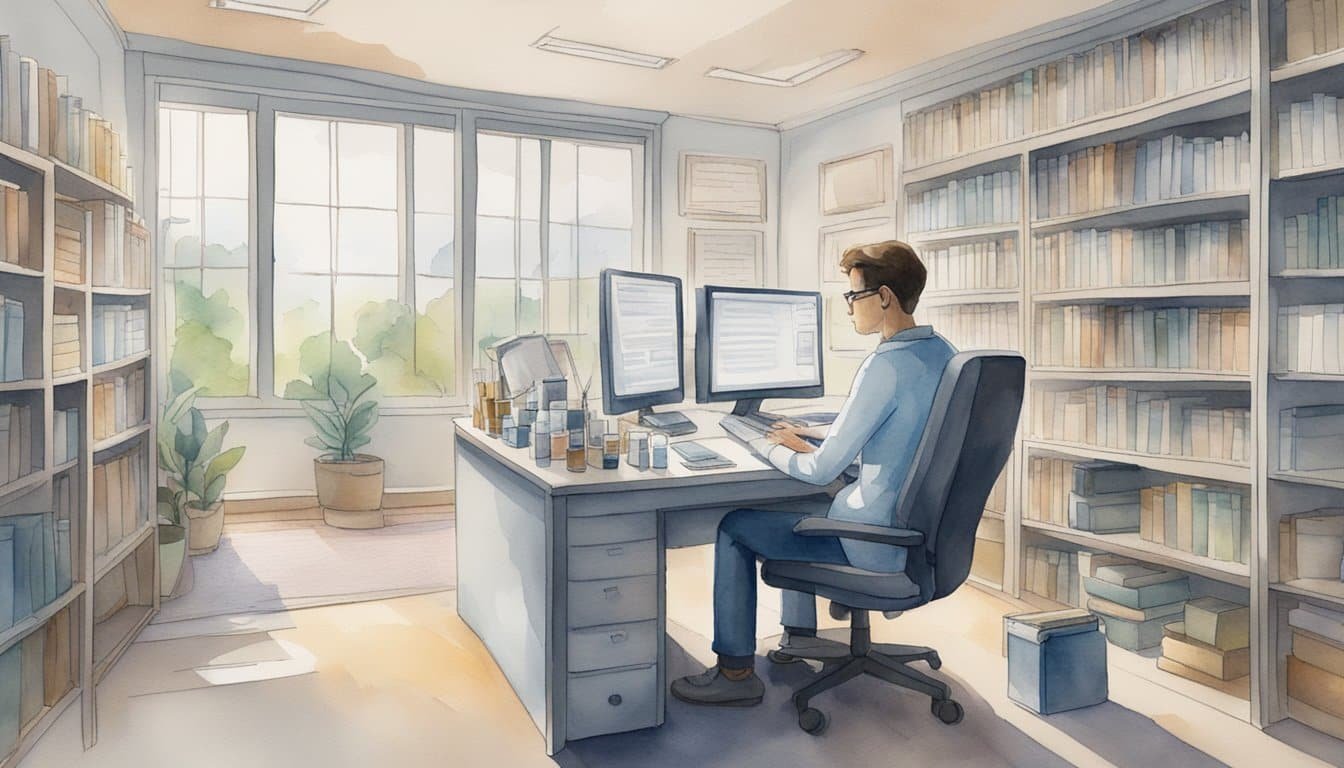 A researcher sits at a desk surrounded by books, a computer, and a DNA testing kit.</p><p>A privacy policy is displayed on the screen, emphasizing ethical considerations