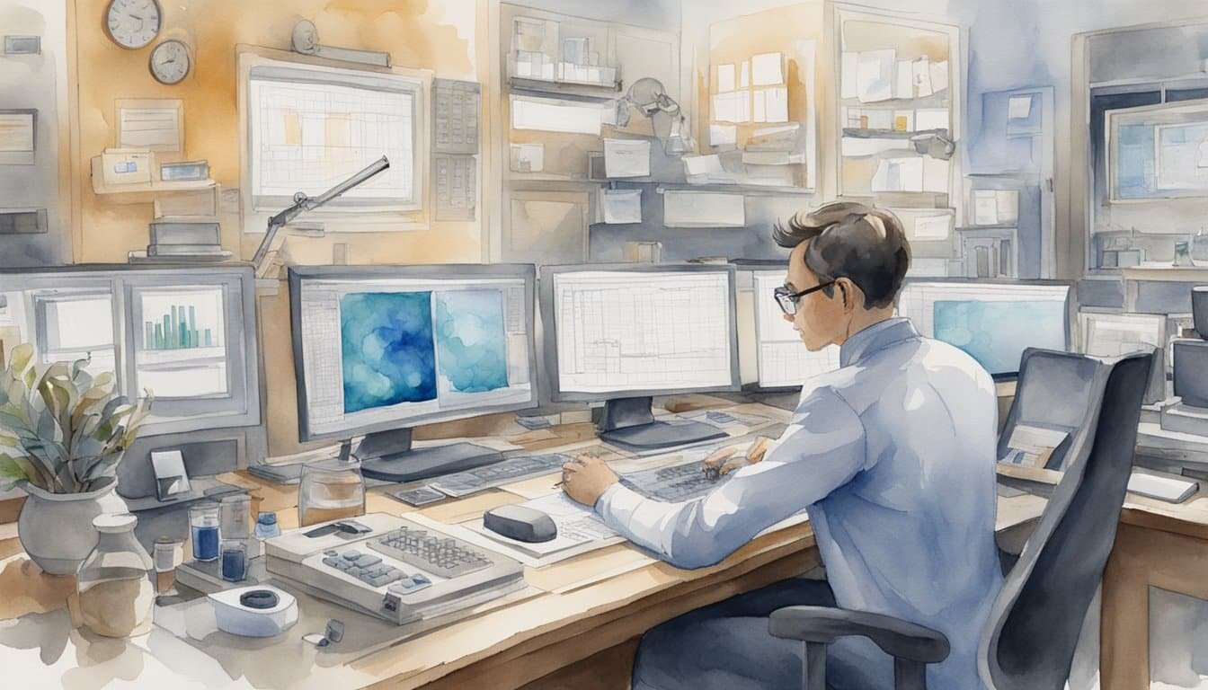 A person sitting at a desk, surrounded by scientific equipment and computer screens, carefully analyzing data and comparing results for accuracy and reliability