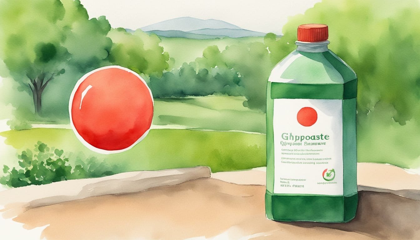 A red circle with a line through it over a bottle of glyphosate, with a green environment in the background