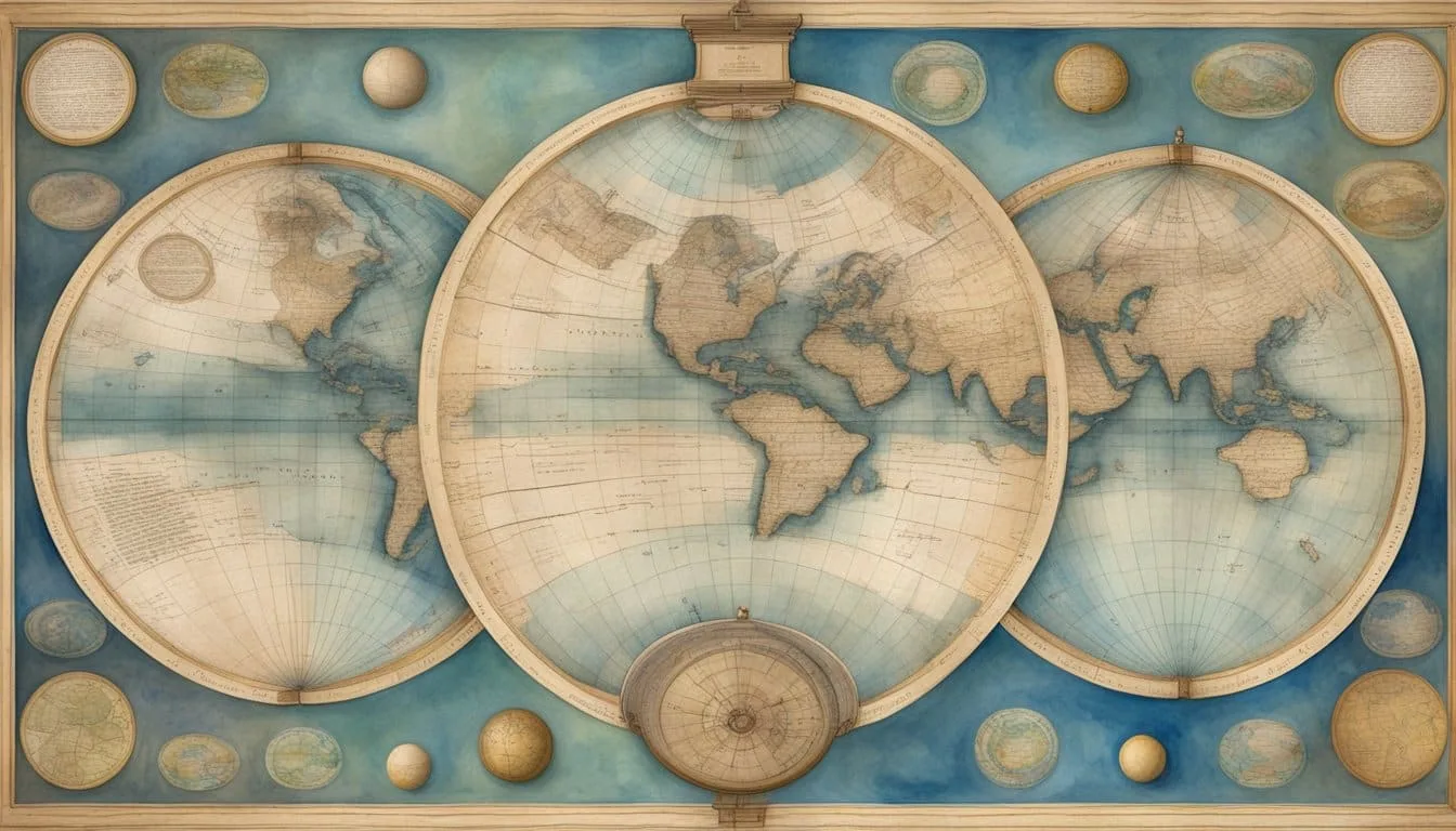 A flat earth with ancient maps and globes, surrounded by historical texts and diagrams