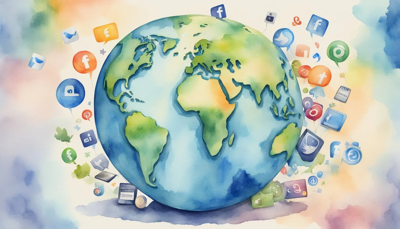 A globe surrounded by social media icons, with a divided opinion on whether the earth is flat or round