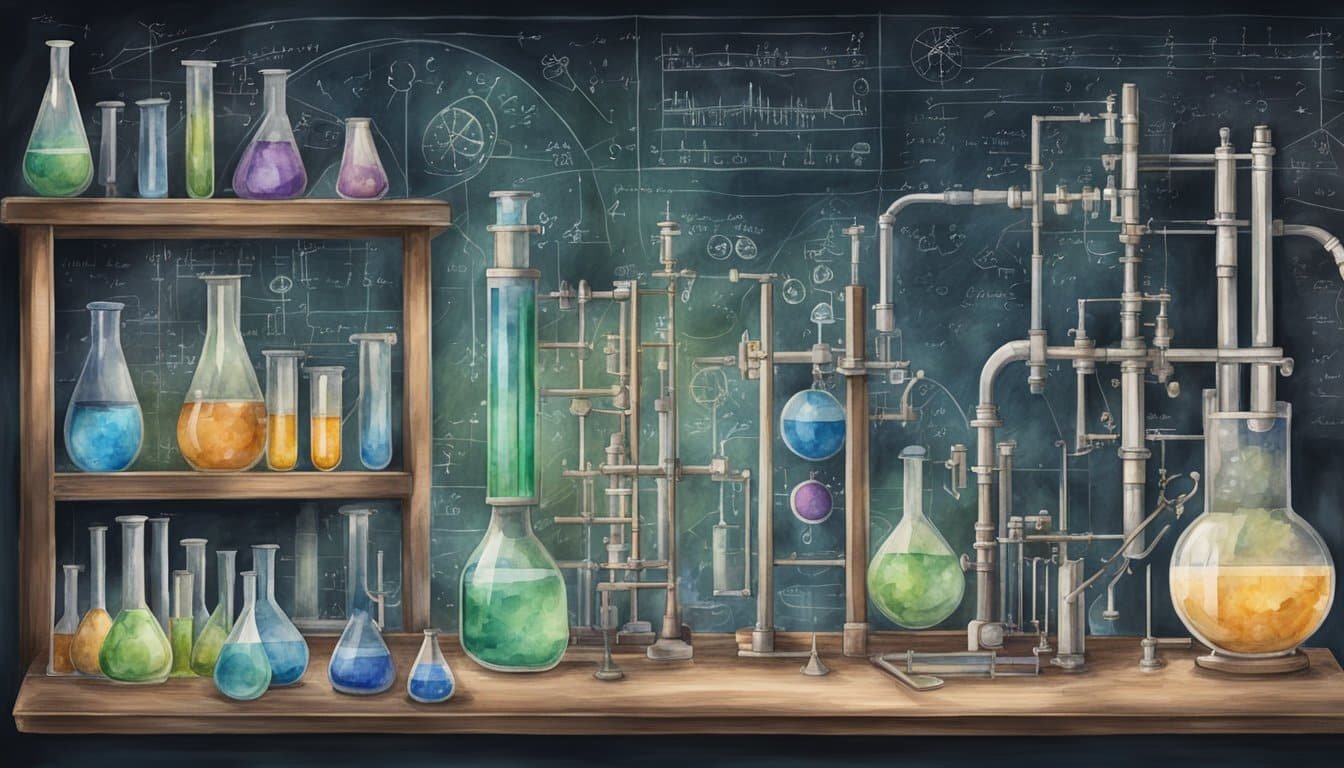 A laboratory filled with test tubes, beakers, and scientific equipment.</p><p>A chalkboard covered in equations and diagrams related to time travel