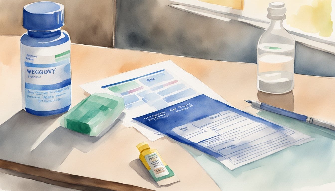 A bottle of Wegovy medication sits next to an insurance card on a table, with a safety leaflet nearby