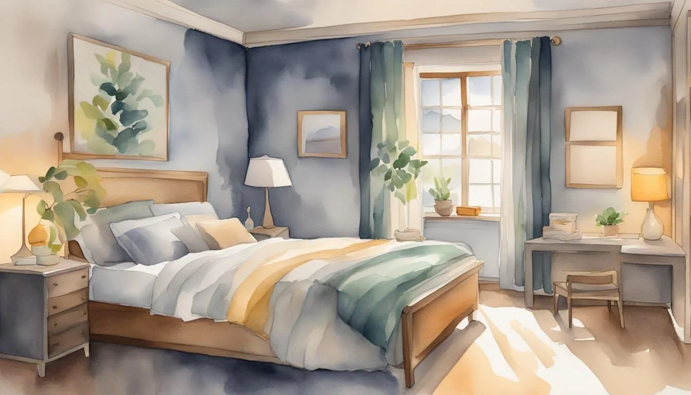 A cozy bedroom with dim lighting, a soft bed, and a warm blanket