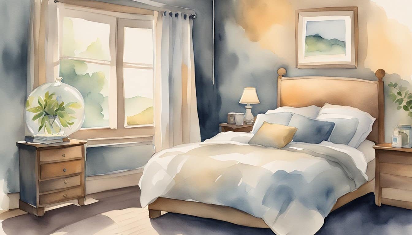 A cozy bedroom with a dimly lit lamp, a book on the nightstand, and a clock ticking softly