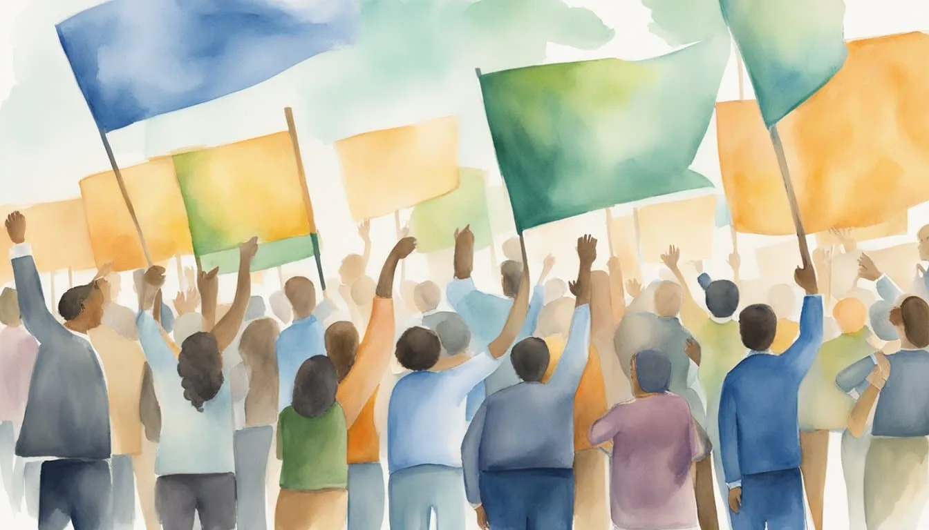 Two groups debating, one advocating for progressive change, the other for traditional values. Signs and banners display contrasting ideologies