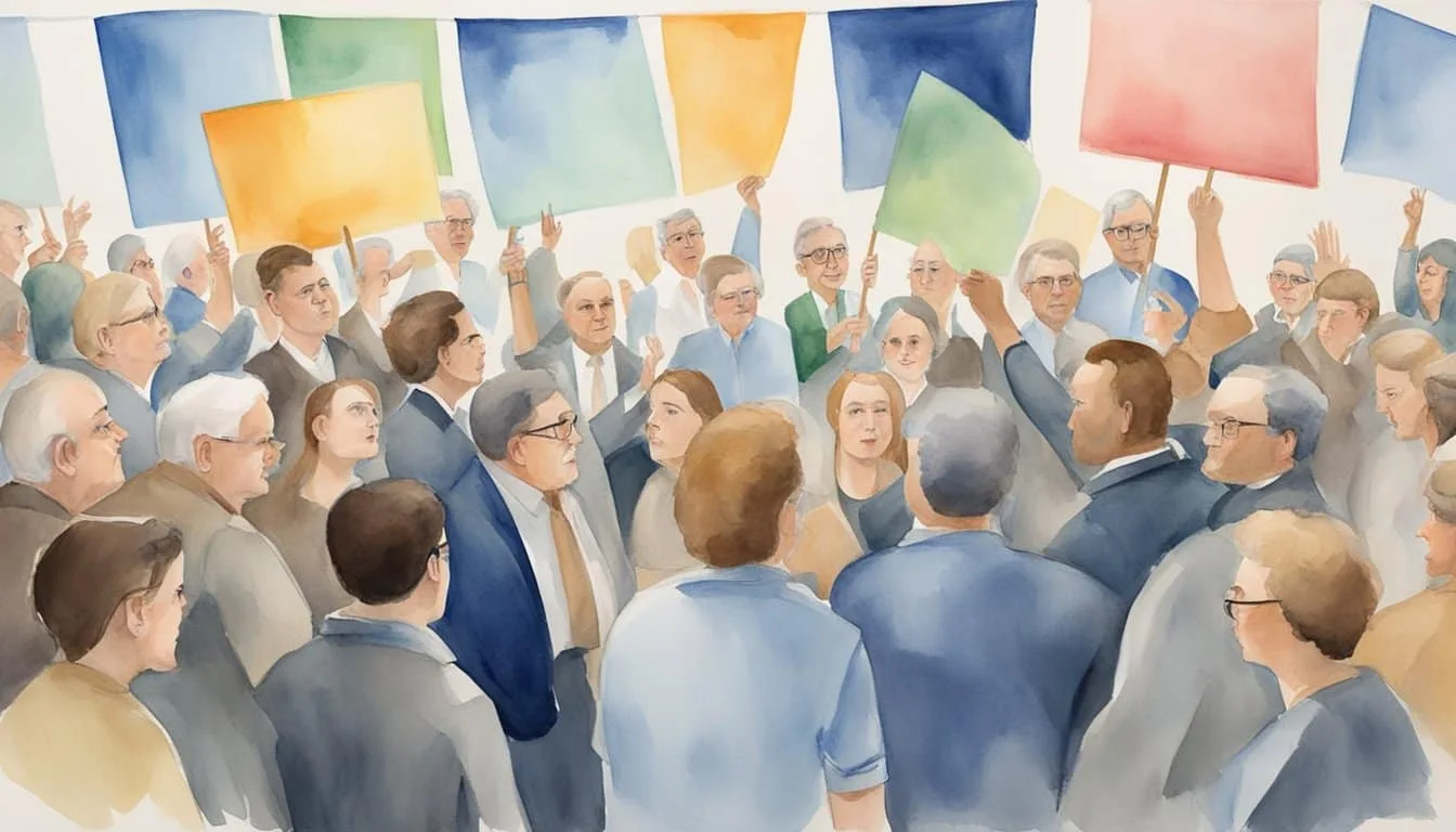 Two groups engage in heated debate, one advocating for progressive policies while the other defends traditional values. Signs and banners display opposing ideologies