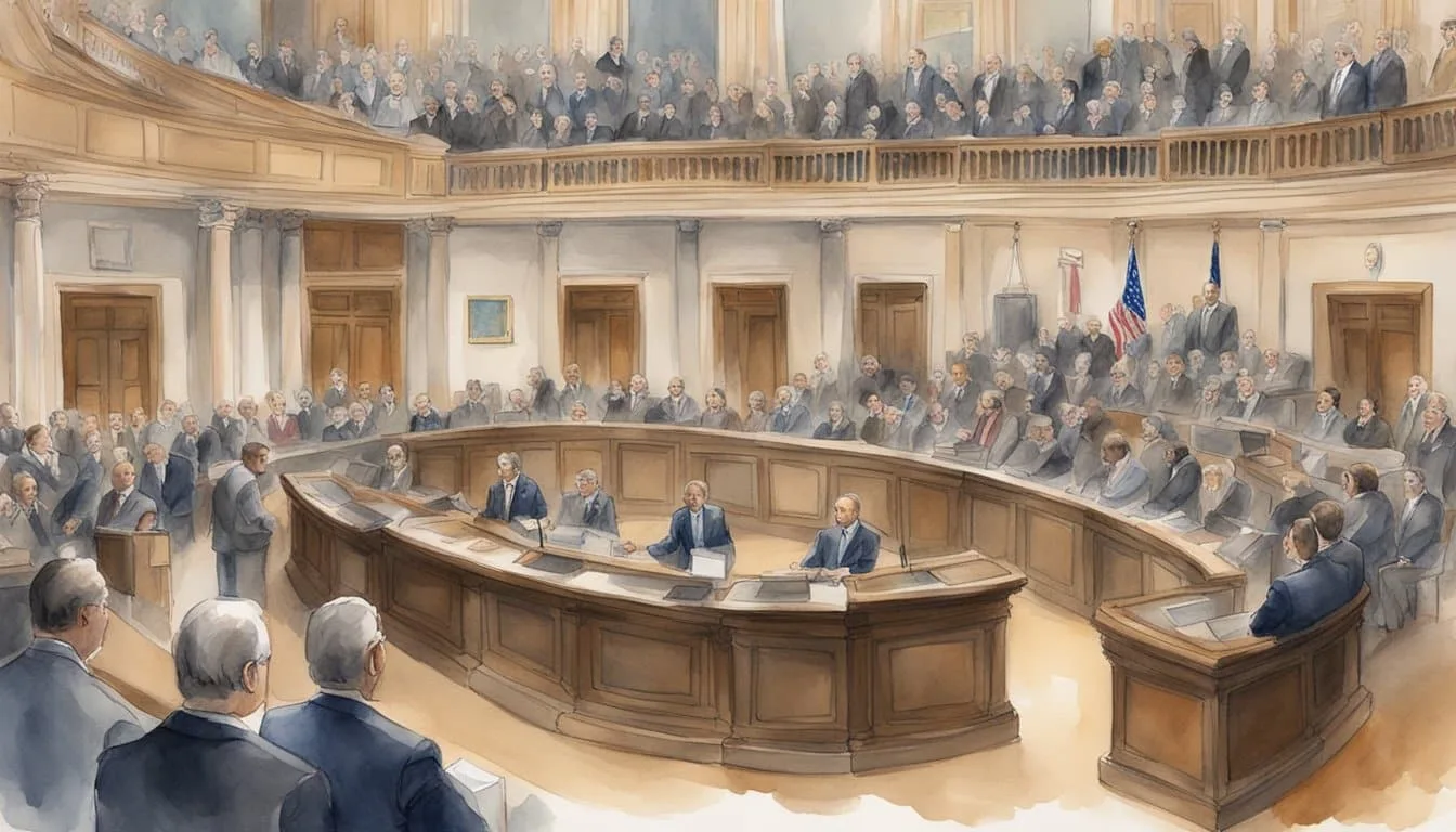 A bustling legislative chamber with two opposing groups debating and discussing government policies. One side represents liberal ideologies, while the other side represents conservative beliefs