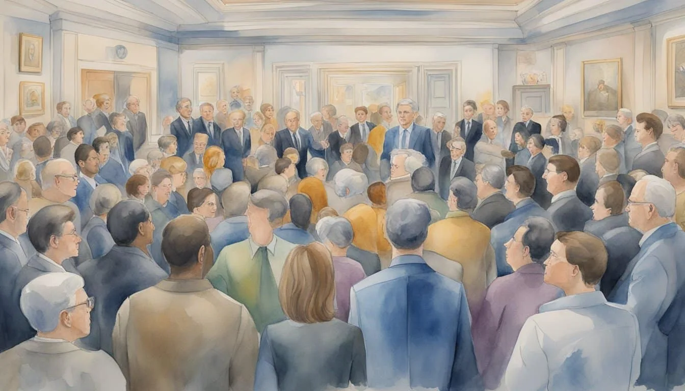 A crowded room with two distinct groups, one displaying liberal symbols and the other conservative. Media logos and cultural icons surround them, emphasizing the divide