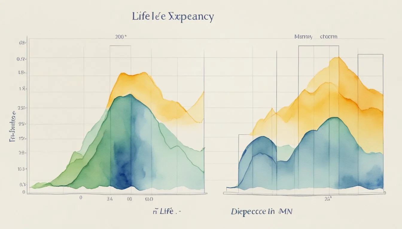A graph showing the difference in life expectancy between men and women in the U.S., with the male life expectancy lower than the female
