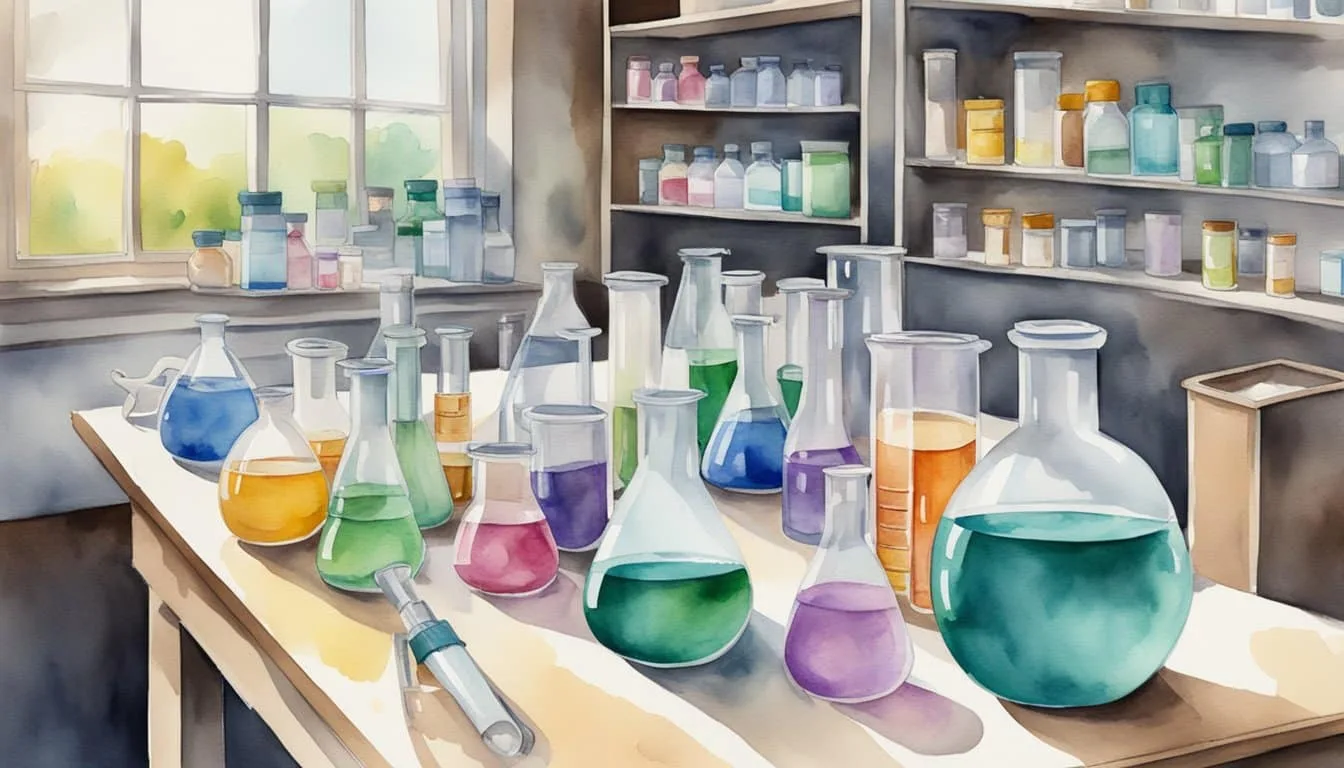 A laboratory table with beakers, test tubes, and various chemicals in labeled containers. Safety goggles and gloves are nearby