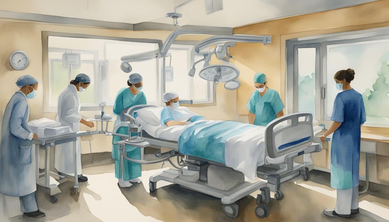 A hospital room with medical equipment, a patient's bed, and a team of doctors and nurses preparing to induce a coma