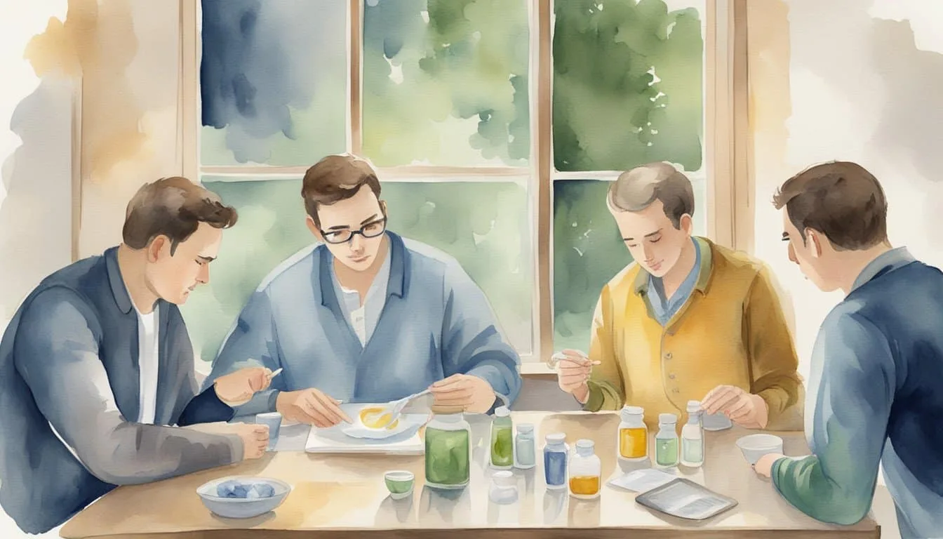 A table with various treatment options and remedies for morning sickness. Men discussing and comparing different methods