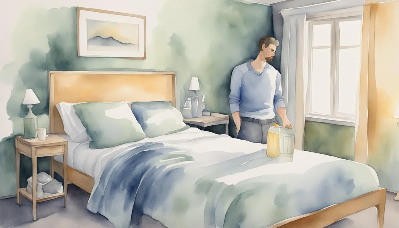 A man sits on the edge of a bed, looking pale and holding a trash can as he experiences morning sickness