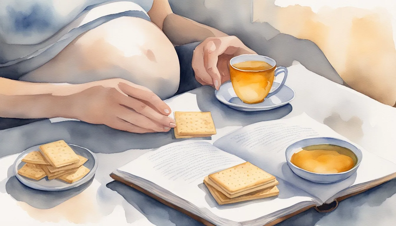 A table with ginger tea, crackers, and a pregnancy book. A woman resting with a cool compress on her forehead