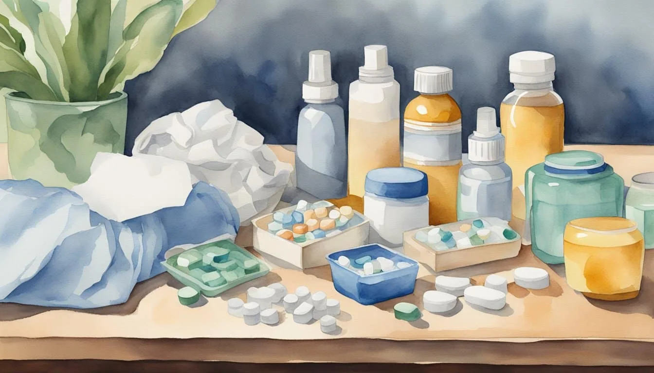 A cluttered kitchen counter with various nasal congestion treatments: nasal sprays, decongestant pills, humidifier, and a box of tissues
