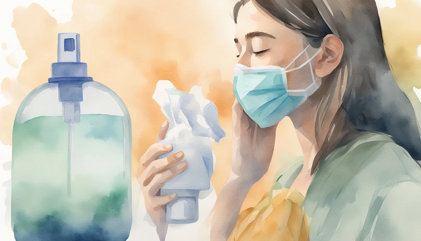 A person holding a tissue to their nose while standing next to a humidifier and a bottle of nasal spray
