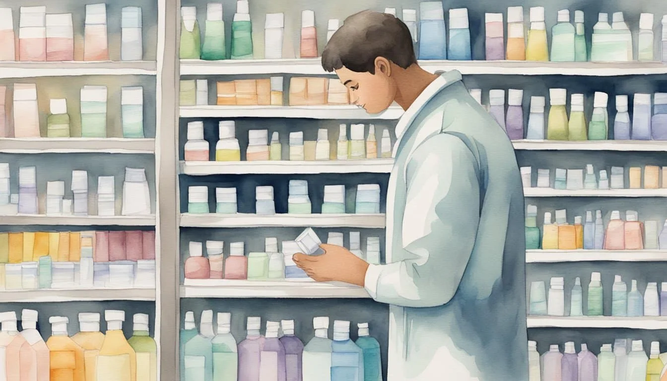 A person holding a tissue while standing next to a pharmacy shelf filled with nasal congestion treatments