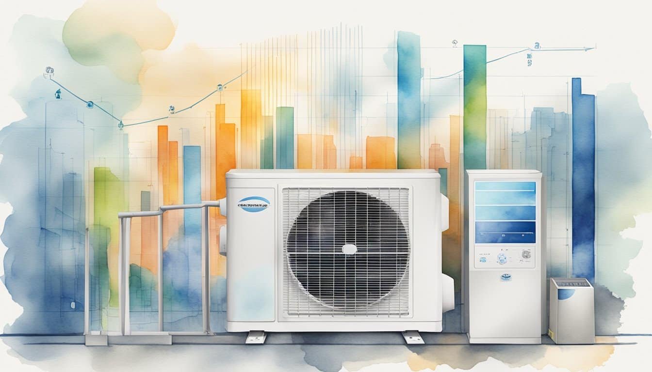 A sleek, modern air conditioning unit with advanced features, surrounded by data charts and graphs showing market trends