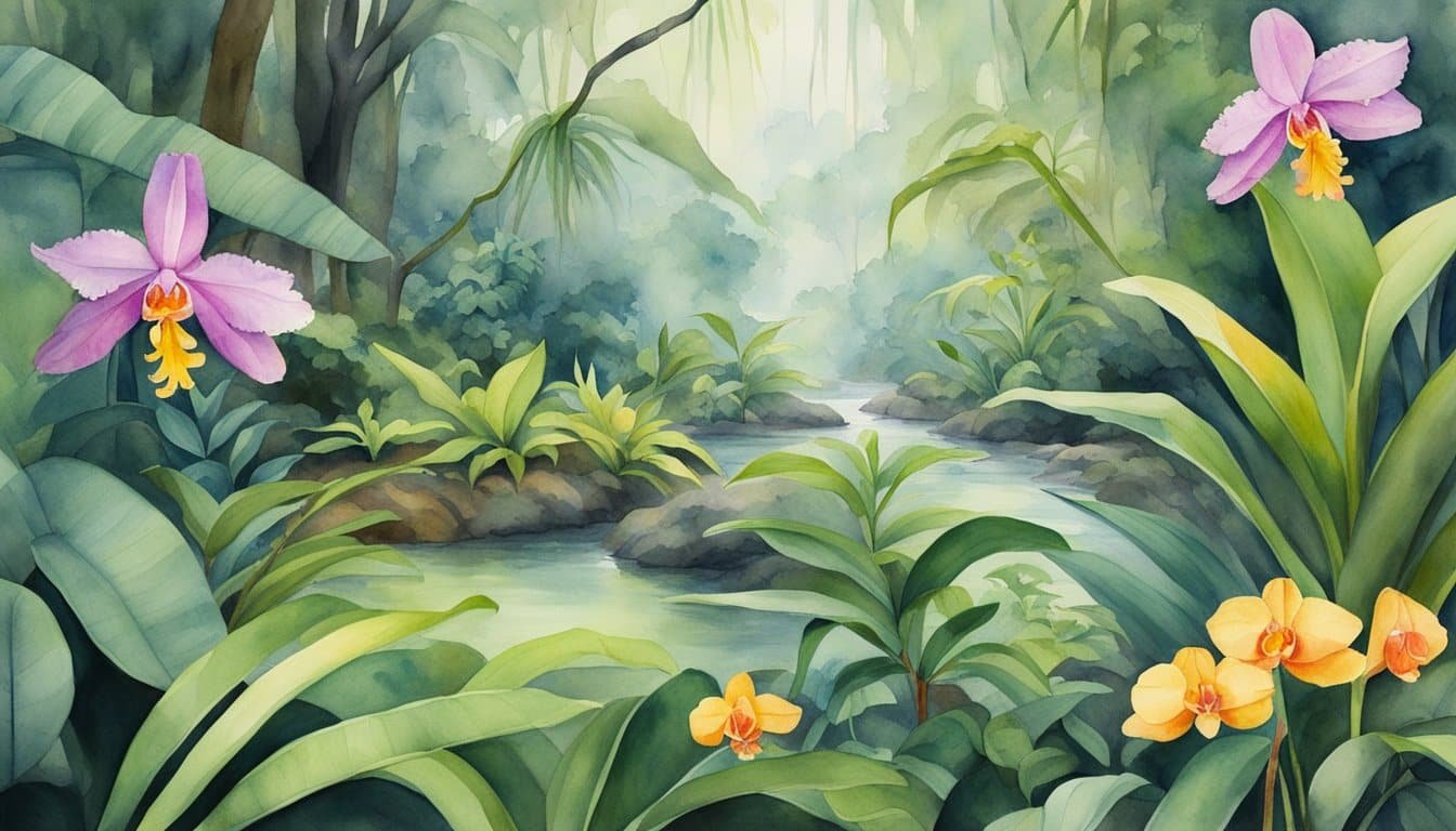 A lush rainforest teeming with vibrant flora and fauna, showcasing the discovery of a new species of colorful frog and a rare orchid in bloom