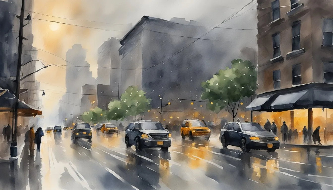 Heavy rain pours over flooded New York streets. Meteorologists analyze rising water levels and storm patterns. Dark clouds loom overhead