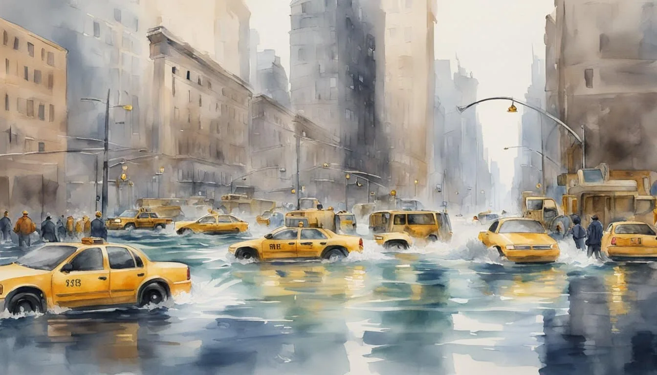 New York streets flooded, infrastructure overwhelmed. Pumps and barriers deployed, city workers racing to contain rising water levels
