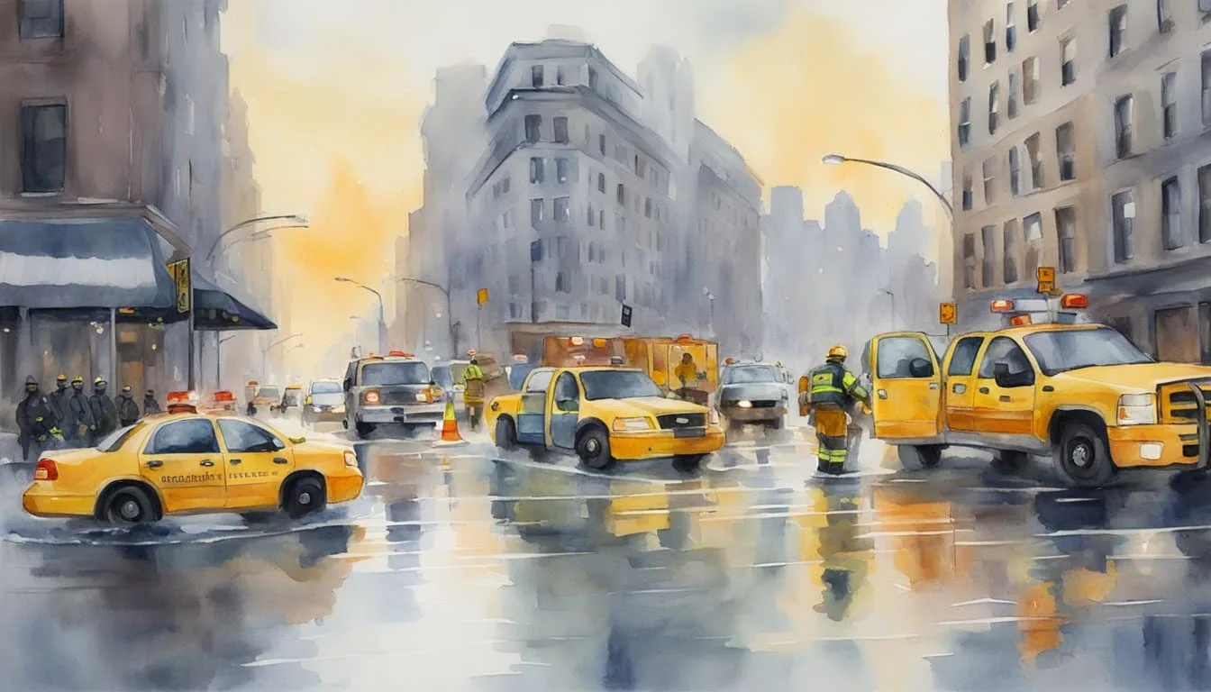 New York streets flooded, emergency personnel setting up barriers and directing traffic