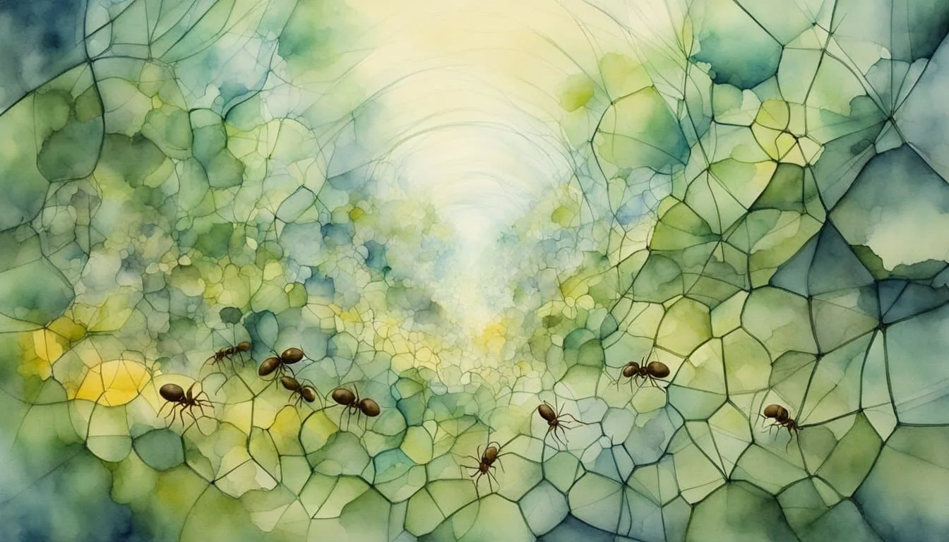 A colony of ants forages through a complex network of tunnels, encountering obstacles and rival colonies