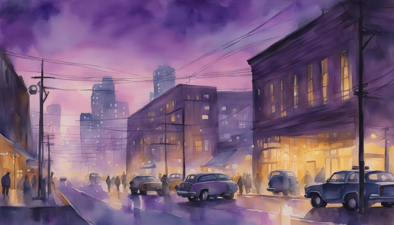 Purple street lights illuminate a bustling manufacturing and technology district.</p><p>Machinery hums and sparks fly in the air