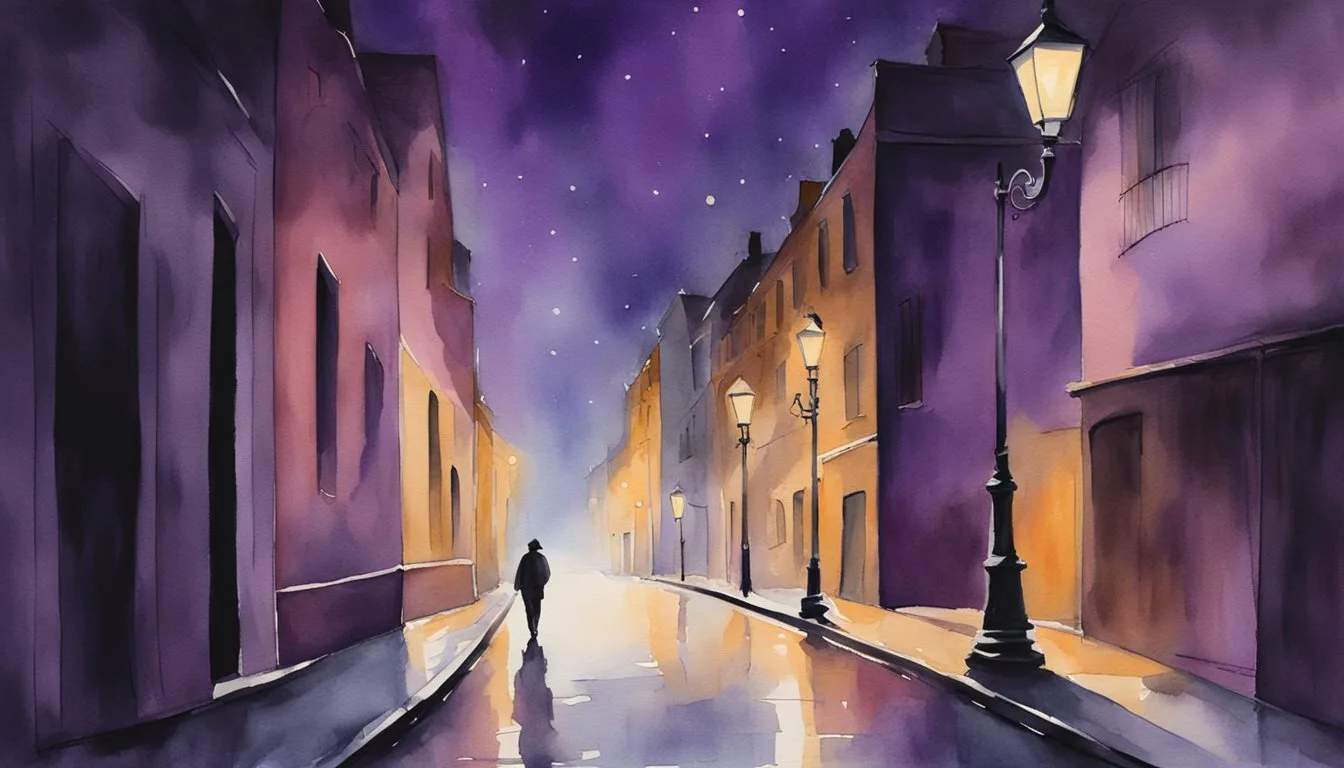 Purple street lights illuminate the dark alley, casting an eerie glow. A figure sprinkles salt around the base of each light, dispelling the strange energy